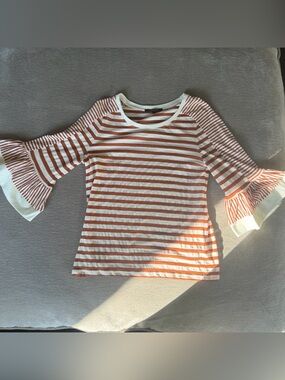 Kobi Halperin Women's Brown White Striped Bell Long Sleeve Blouse Shirt XS